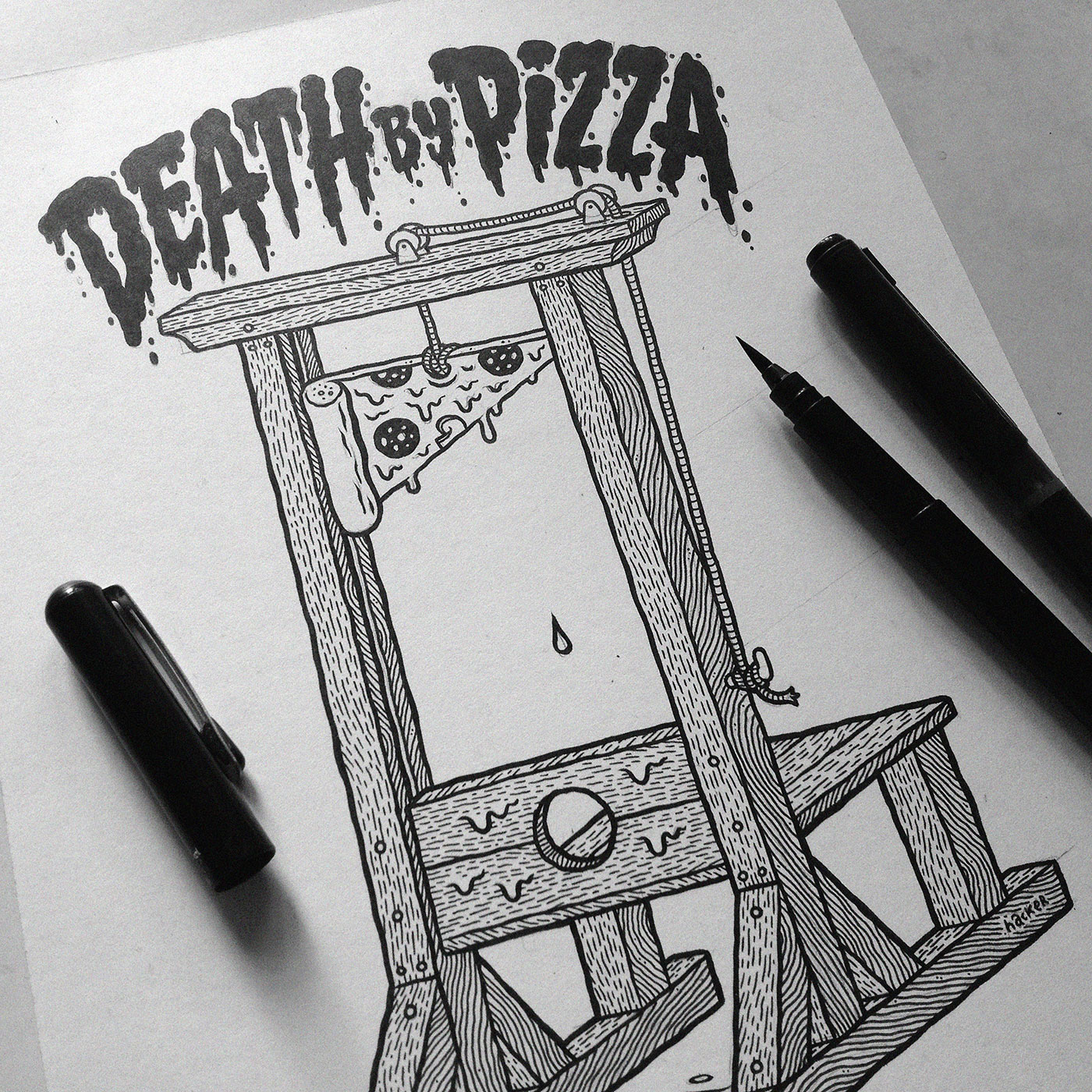 Death By Pizza ink drawing by Michael Hacker