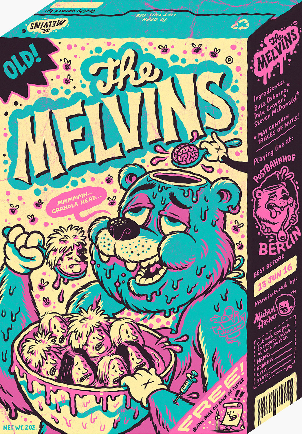 Melvins Berlin cereal box shaped gig poster by Michael Hacker