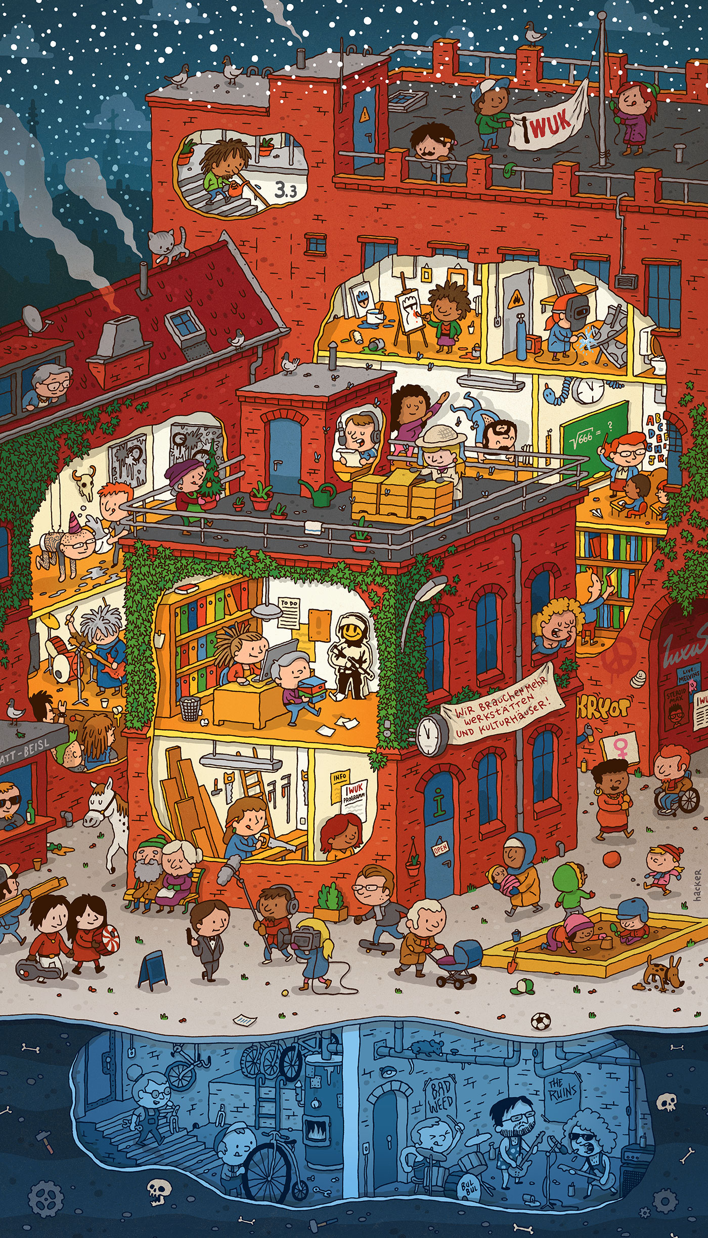 A detailed Wimmelbild illustration for WUK Vienna by Michael Hacker featuring White Stripes, The Melvins, King Buzzo, Banksy, Bul Bul, Fuckhead, Stirn Prumzer, James Bond and Pipi Langstrumpf's horse.