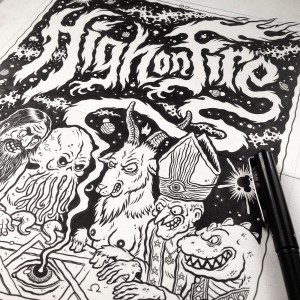 Ink drawing by Michael Hacker for screen printed High On Fire gig poster