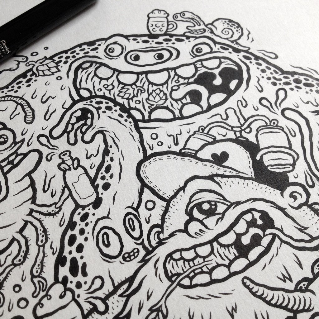 Ink drawing of an illustration for beerlovers craft beer store by Michael Hacker