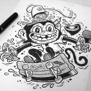 Monkey on a squeegee board ink drawing for Filler DIY by Michael Hacker