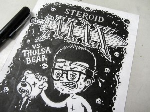 Ink drawing for the limited Steroid Max comic screen print by Michael Hacker