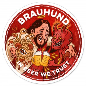 beer coasters for Brauhund craft beer bar in Vienna by Michael Hacker showing Jesus, the devil and a flying spaghetti monster drinking beer