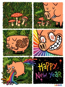 Happy New Year comic by Michael Hacker featuring a pig, mushrooms and rainbow diarrhea