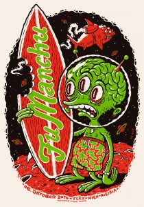 Screen printed gig poster for Fu Manchu at Flex Wien by illustrator Michael Hacker featuring a surfing alien and a space shark