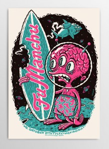 Screen printed gig poster for Fu Manchu at Flex Wien by illustrator Michael Hacker featuring a surfing alien and a space shark