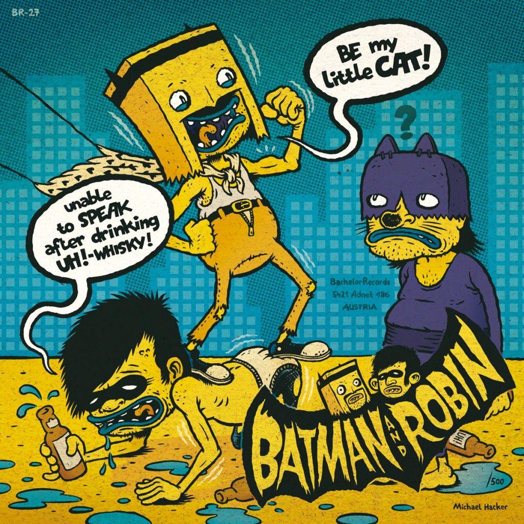 Record cover by Michael Hacker for Batman and Robin garage R'N'R band
