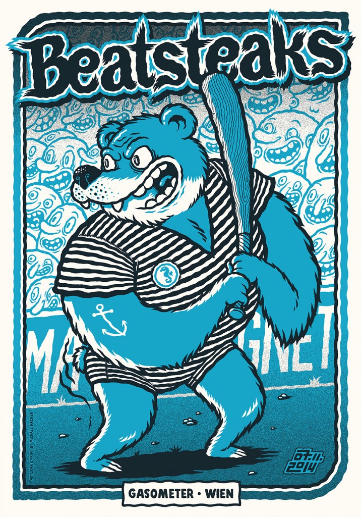 Screen printed gig poster for Beatsteaks at Gasometer Wien by illustrator and comic artist Michael Hacker
