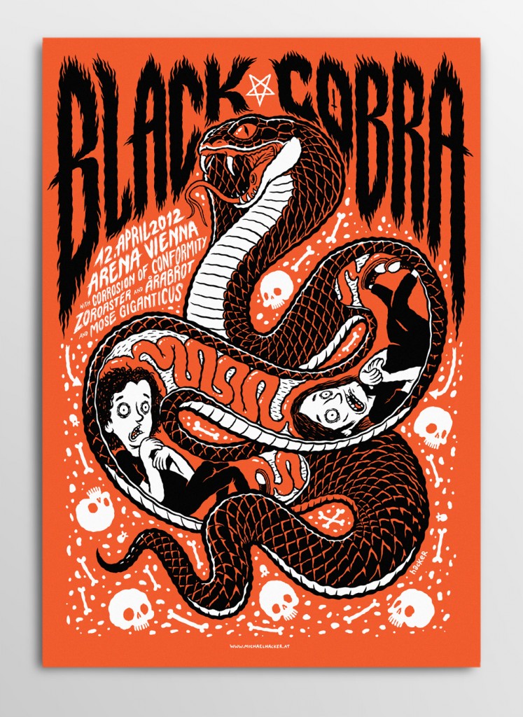 Screen printed gig poster for Black Cobra at Arena Wien by illustrator Michael Hacker