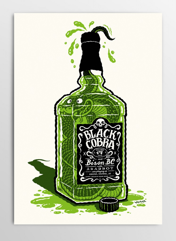 Screen printed gig poster for Black Cobra and Bison B.C. at Arena Wien by illustrator Michael Hacker