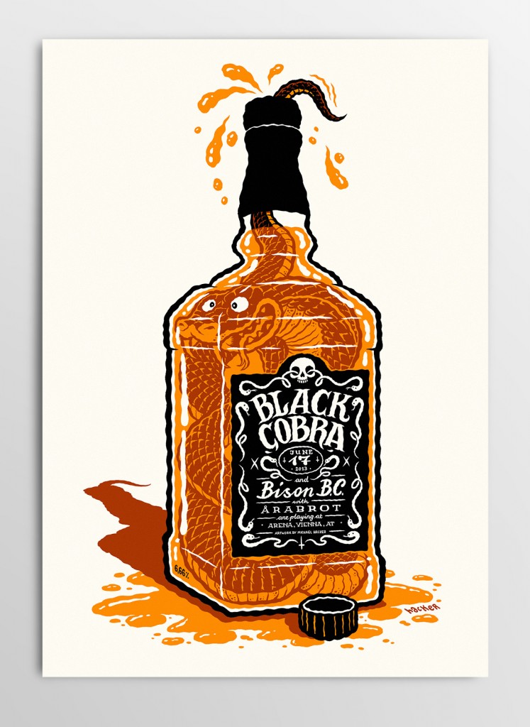Screen printed gig poster for Black Cobra and Bison B.C. at Arena Wien by illustrator Michael Hacker