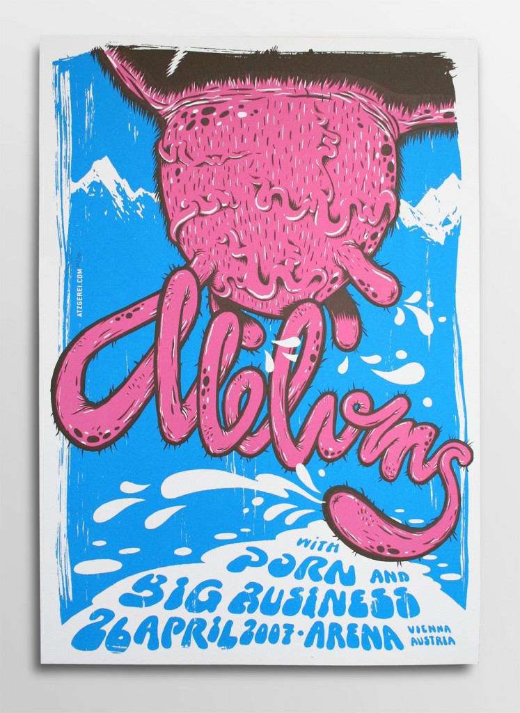Screen printed gig poster for The Melvins at Arena Wien by illustrator Michael Hacker and tattoo artist Foerdl