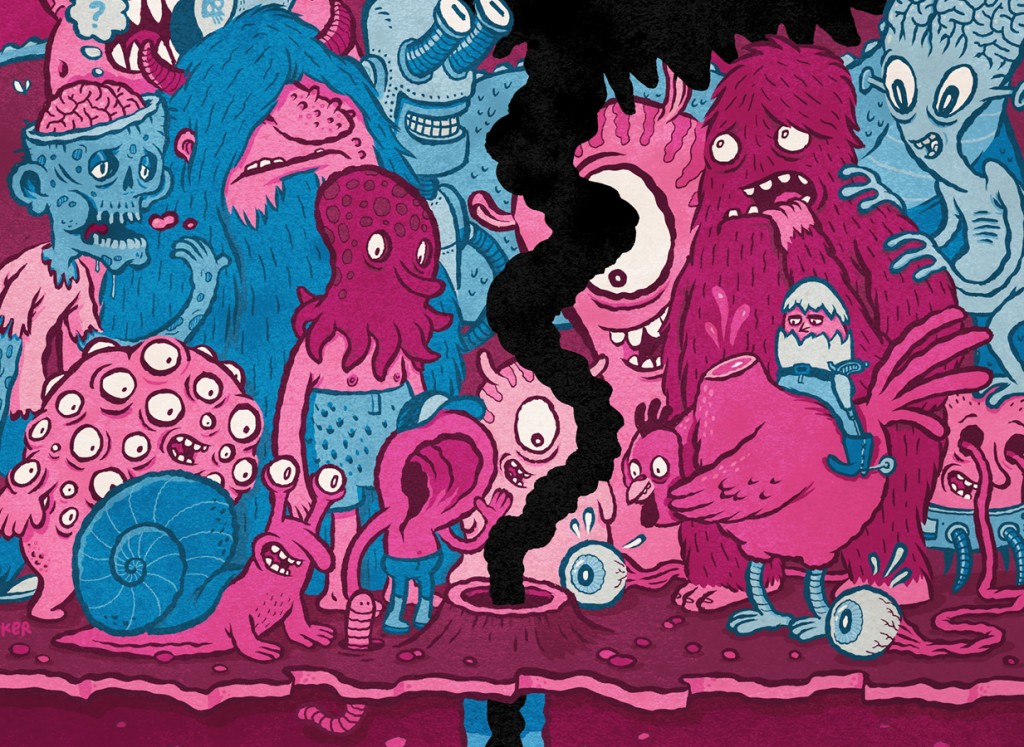 Illustration by Michael Hacker for Sounds of Subterrania record label grab bag