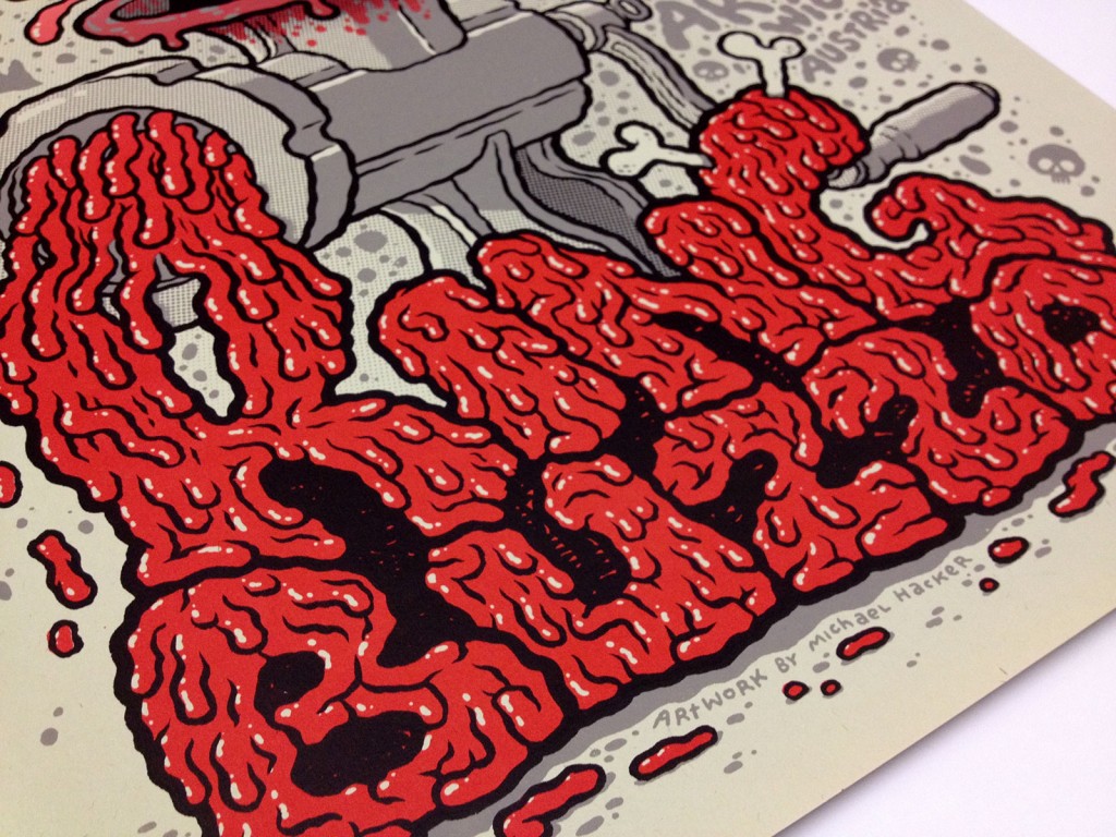 Detail of my screen printed gig poster for King Buzzo of The Melvins at Arena Wien by illustrator and comic artist Michael Hacker