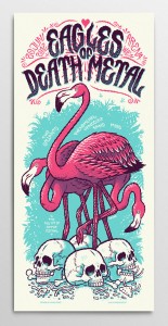 Screen printed gig poster for Eagles of Death Metal at Arena Wien by illustrator Michael Hacker showing flamingos and skulls