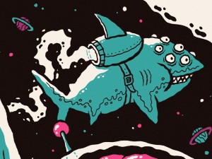 Screen printed gig poster for Fu Manchu at Flex Wien by illustrator Michael Hacker featuring a space shark