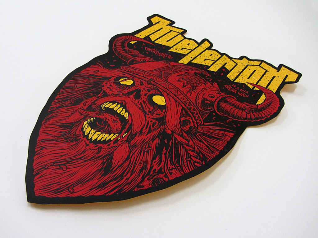 Hand cut screen printed zombie viking gig poster for Kvelertak and Truckfighters at Arena Wien by illustrator Michael Hacker
